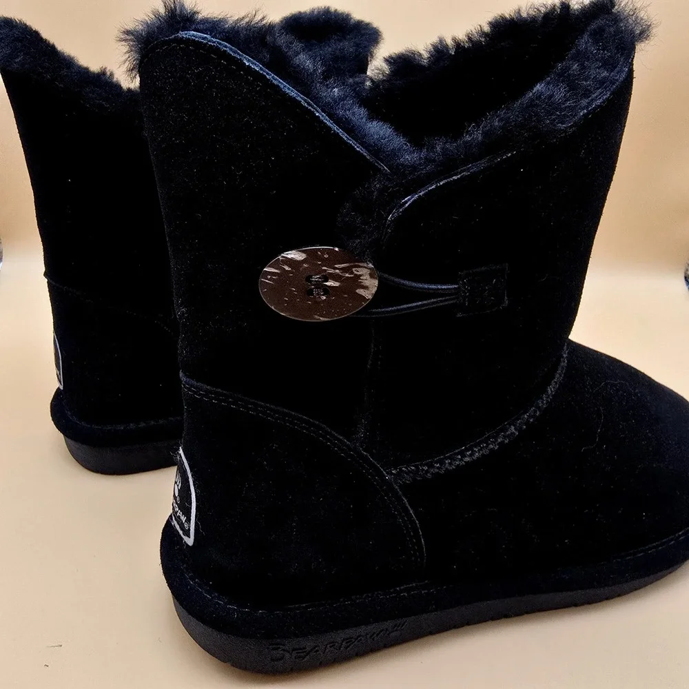 Bearpaw Rosie Black Suede Sheepskin Wool Fur Button Boots 1653W Womens 9